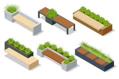 a set of different types of benches and planters with plants growing on the sides