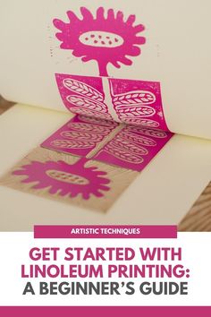 a pink flower is cut out from a piece of paper with the words get started with linoleum printing a beginner's guide