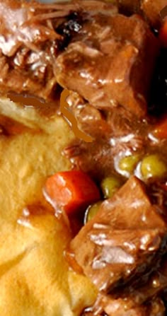 a close up of food on a plate with meat and vegetables in gravy