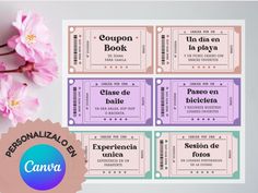 four tickets with pink flowers on them and the words coupon book written in spanish