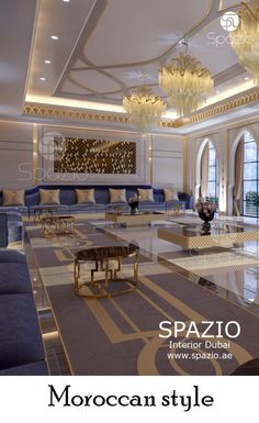 an elegant living room with blue couches and chandeliers on the ceiling is featured in this brochure