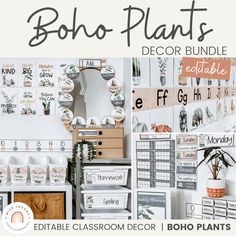 the boho - plants decor bundle is shown in white and brown colors, with lots of drawers