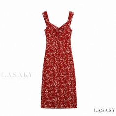 Lasaky - Red Floral Print Halter Sundress for Beach Vacation Tea Party Red Summer Maxi Dress For Garden Party, Red Floral Print Midi Dress For Party, Red V-neck Maxi Dress For Garden Party, Red Sundress For Party, Red Maxi Dress For Summer Garden Party, Red Sundress Midi Dress For Party, Red Party Sundress, Red Midi Dress For Summer Day Out, Casual Sleeveless Midi Dress For Holiday