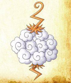 a drawing of a lightning bolt coming out of the cloud with white clouds and orange spirals