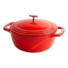 a red casserole is shown on a white background