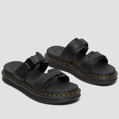 Brand New Without Box Color: Black Hydro25766001 Size 8 Us M, 9 Us L, 41 Eu Sandals. Re-Engineered. Our Chilton Men's Sandal Is Built From Tough Hydro Leather And Welted On A Rugged Airwair Sole. So Whether You’re Stomping Through The Fields Or Kicking Back This Summer, They’re Ready To Take On Anything. Marked By Our Unmistakable Yellow Stitching, The Slide Sandals Have A Wider Fit And Molded Footbed For Maximum Comfort. Hydro Is A Smooth Pu-Coated Leather With A Matte Finish. Clean By Wiping W Doc Martens Mens, Platform Shoes Sandals, Mens Slide Sandals, Leather Strap Sandals, Vintage Sandals, Mens Leather Sandals, Mens Slides, Leather Thong Sandals, Brown Leather Sandals