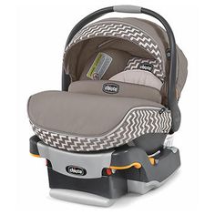 a baby car seat that is grey and white