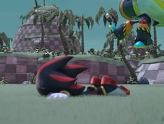 an animated video game character laying on the ground in front of some trees and bushes