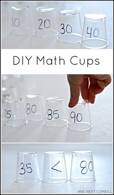 a hand is holding a beakle with numbers in it and the words diy math cups are shown below