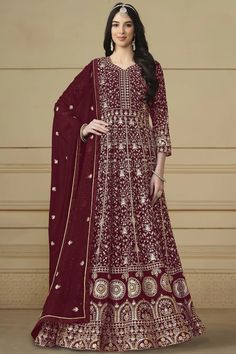 Blazing Maroon Color Function Wear Georgette Anarkali Suit Heavy Anarkali Suits, Heavy Anarkali, Anarkali Designs, Georgette Anarkali Suits, Designer Dupatta, Batik Print Dress, Georgette Anarkali, Designer Anarkali Suits, Gown Suit