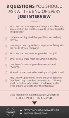 a pink background with the words 8 questions you should ask at the end of every job interview