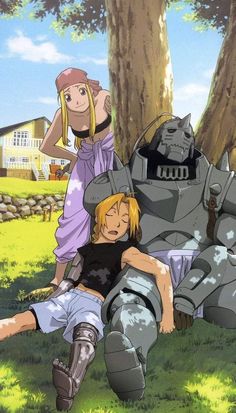 an anime character laying on the ground next to another character in front of a tree