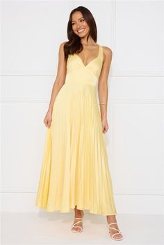 Length from shoulder to hem of size S: 115cm. Chest: 38cm, Waist: 31cm, across front only of size S. Maxi dress. Lined. Model is a standard XS and is wearing size XS. True to size. Non-stretch. Satin. Flowy skirt. Pleated design. Open back with elastic details. V-neck. Zipper.  Cold hand wash only. Polyester. The perfect dress for summertime events. The Dazzling Opulence Maxi Dress features a flowy, pleated skirt, a V-neck and an open back with elastic details. Style it with heels and curls for a look we love. Prom Shopping, Skirt Pleated, Maxi Dress Prom, Stretch Satin, Flowy Skirt, Homecoming Dress, Formal Wedding, Sequin Dress, Homecoming Dresses