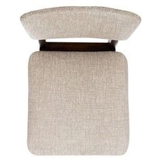 an upholstered chair with a wooden frame and foot rest in beige fabric on a white background