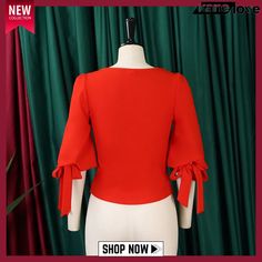 Women's Spring Fashion Chic Slim Fit Solid Lace-up Bubble Sleeve Shirt Red Summer Office Tops, Fitted Office Tops For Spring, Fitted Tops For Spring Office Wear, Fitted Spring Office Tops, Spring Office Crew Neck Tops, Women's Spring Fashion, Spring Fashion Chic, Bubble Sleeve, Fashion Chic