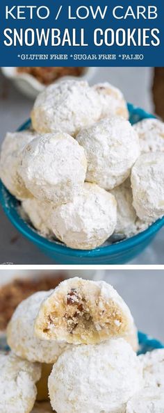 there are two pictures of snowball cookies in the same bowl