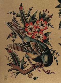 a bird with flowers and leaves on it