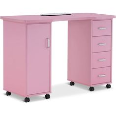 a pink desk with three drawers on wheels