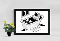 a black and white drawing of a person in a bathtub with flowers next to it