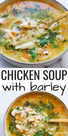 chicken soup with barley and carrots in a bowl