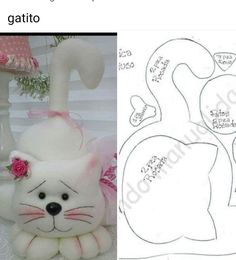 a stuffed animal that is next to a drawing of a cat's head and tail