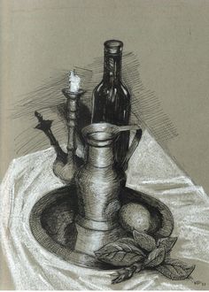 a drawing of a bottle, candle and other items on a plate with a cloth