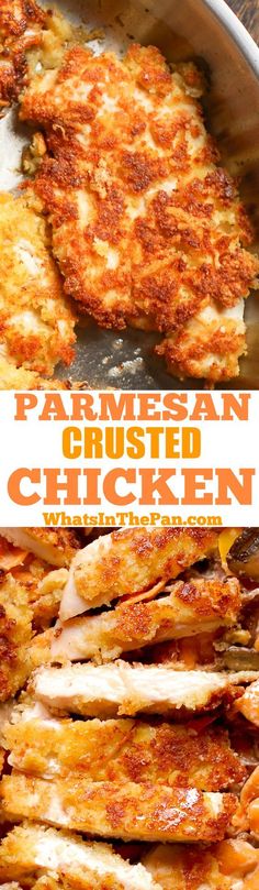 chicken parmesan crusted on the side and in a pan with text overlay