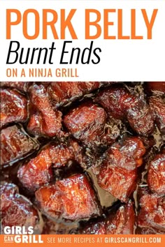 pork belly bunt ends on a ninja grill with text overlay that reads pork belly bunt ends on a ninja grill