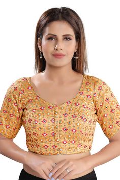 Traditional Partywear Saree Blouses Gold Saree Blouse, Open Blouse, Western Skirts, Womens Month, Brocade Blouses, Readymade Saree, Gold Blouse, Embroidered Sleeves, Blouse For Women