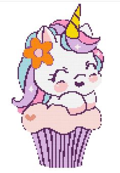 a cross stitch pattern of a cupcake with a unicorn on it's head