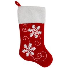 a red and white christmas stocking with snowflakes