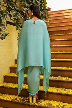 Blue kaftan with zardozi embroidered floral patterns and bead embellishments. Comes with a draped skirt. - Aza Fashions Blue Kaftan, Draped Skirt, Cape Sleeves, Skirt Women, Floral Patterns, Aza Fashion, Floral Pattern, Cape, Embellishments