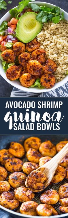 shrimp salad bowls with avocado, shrimp and rice in the background text reads avocado shrimp salsa salad bowls