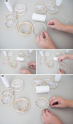 the instructions to make an ornament out of wood and yarn are shown here