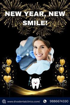 an advertisement for dental clinic with fireworks in the background and a smiling woman's face