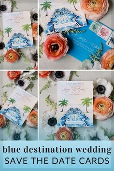 blue destination wedding save - the - dates cards with flowers and palm trees on them