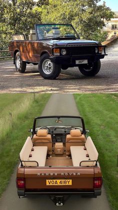 an old jeep is parked on the side of the road next to a new one