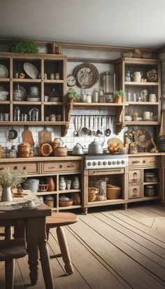 an old fashioned kitchen with wooden flooring and open shelves filled with pots and pans