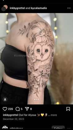 an owl with flowers on her arm and the words inkygreet and blycatastudio