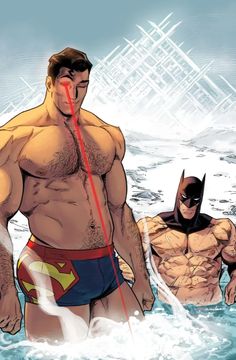 two superheros standing in the water near each other