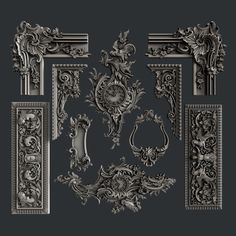 an assortment of ornate frames and ornaments on a black background, with the letter e in the middle