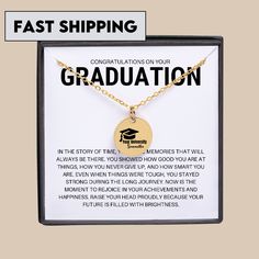 a necklace with the words graduation written on it and a gold disc that reads fast shipping congratulations