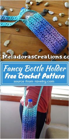 a crocheted bottle holder is shown with text overlay that says, fancy bottle holder free crochet pattern