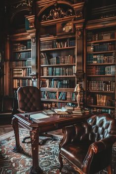 an old fashioned desk and chair in front of a bookshelf full of books