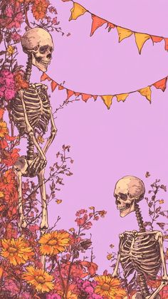 two skeletons sitting in the middle of flowers and bunting flags on a purple background