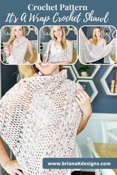 a woman wearing a crochet shawl is shown with the instructions for how to knit