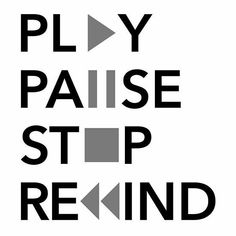 the words play pause, stop and rewind are shown in black on a white background