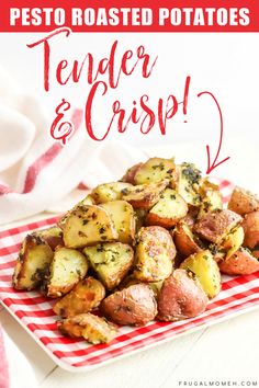 a red and white plate filled with potatoes on top of a striped table cloth next to a