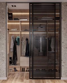 an open closet with wooden slats and shoes