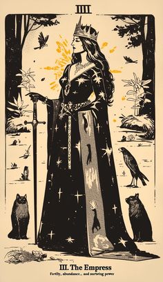 an image of the queen of wands in black and white with stars on it